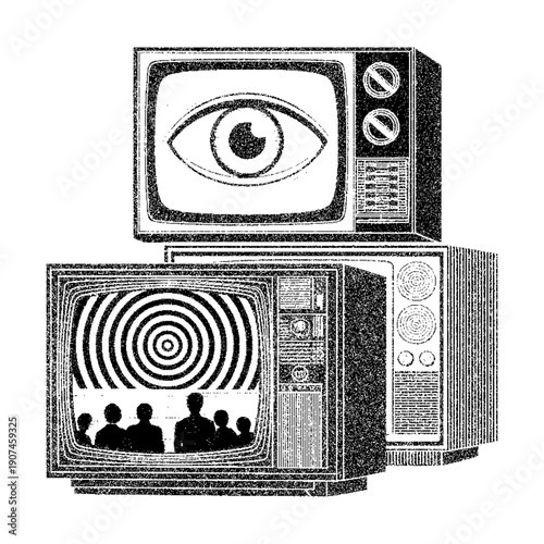 A stark black and white illustration depicting three television sets, symbolizing media influence, surveillance, and societal control silhouette grain noise texture style vector design