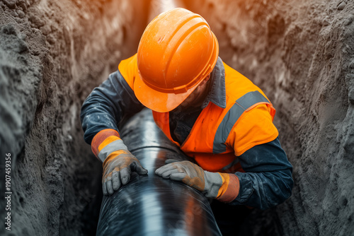 Expertise in every layer: a high-angle close-up of a construction worker in an orange safety vest and helmet inspecting a large black pipeline in a deep trench, perfect for utility and industrial ads.