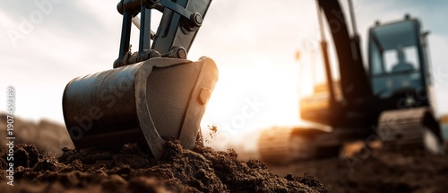 Precision and power in motion: a close-up of a hydraulic excavator arm digging into soil, ideal for infrastructure modernization, earthmoving technology, and large-scale construction site development.