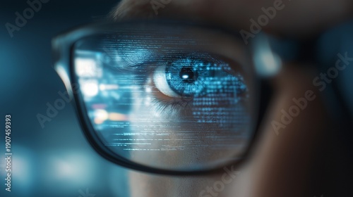 Vision of the digital future: an extreme close-up of a human eye reflecting glowing blue data code through glasses, perfect for artificial intelligence, cybersecurity, and biometric tech. 
