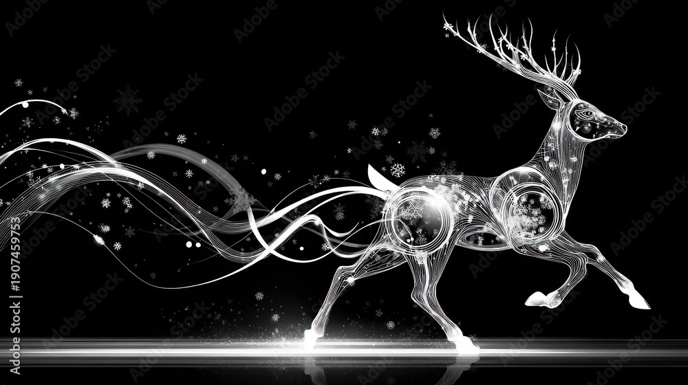 Fototapeta premium Elegant white reindeer with flowing abstract lines on a dark background, digital art