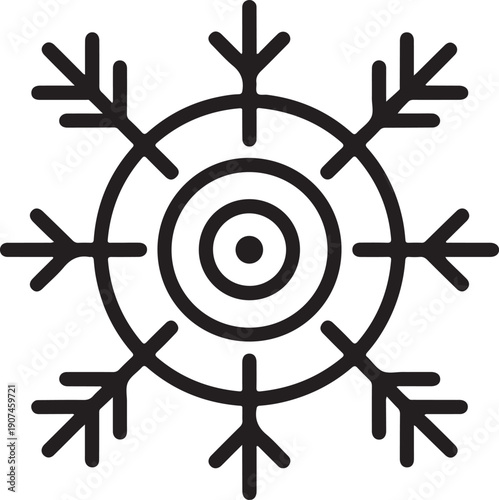 A stylized black snowflake design on a white background with concentric circles and symmetrical radial arms