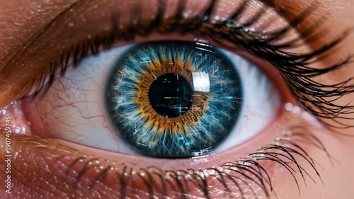 A close-up of a human eye with blue and brown iris, detailed view of eyelashes and skin texture. Perfect for medical, educational, and advertising materials.