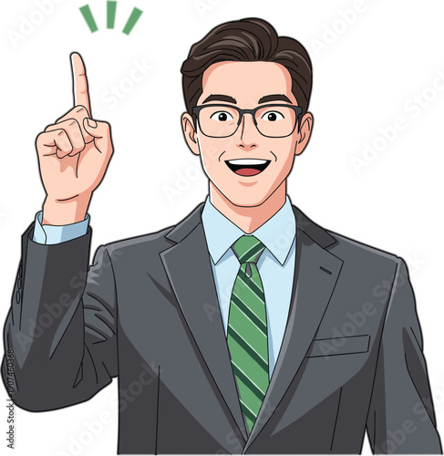 Businessman pointing upward with idea gesture, confident professional character illustration representing innovation, solution, inspiration, and smart business thinking concept