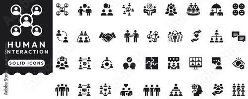 Human Interaction Icons set vector illustration with collection of networking, communication, collaboration, conference, expression, relationship, handshake, meeting, group, discussion, teamwork.