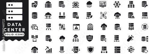 Data Center Icons set vector illustration with collection of secure database, storage system, firewall, cloud computing, dashboard, network, volume, maintenance, virtualization, router, security.  