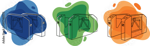 Three turnstiles in blue, green, and orange with abstract shapes, vector illustration