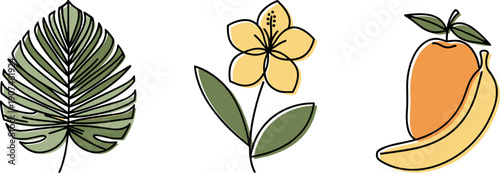 Minimalist tropical leaf, flower, and fruit illustration with clean lines and pastel colors