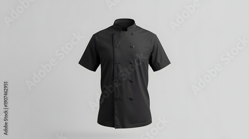 Black short-sleeved chef's uniform shirt displayed frontally on a plain white background