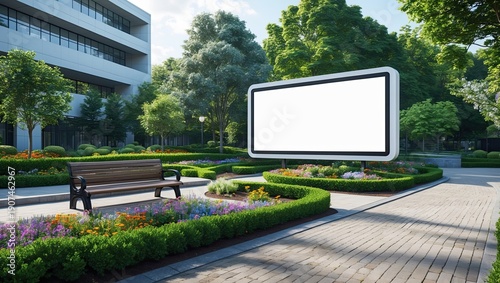 Modern Urban Park Landscape with Blank Digital Billboard Mockup and Garden Bench