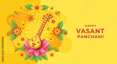 Illustration of a Happy Vasant Panchami celebration with a veena and flowers on a bright yellow background, symbolizing Indian culture and Hinduism.