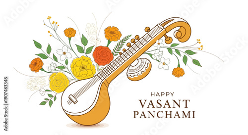 Illustration of a traditional Indian stringed musical instrument surrounded by colorful flowers and leaves with text wishing a Happy Vasant Panchami on a white background.