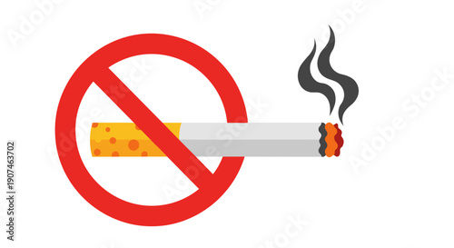 No smoking sign with burning cigarette and smoke symbol of health and warning against tobacco addiction isolated on white