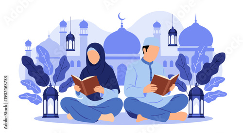 Muslim couple in traditional attire sitting cross legged reading holy books with serene expressions against a backdrop of islamic