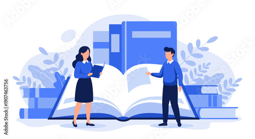 Diverse students learning from giant open book surrounded by stacks of literature symbolizing education knowledge