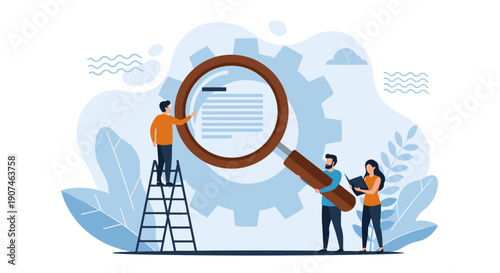 Diverse team of professionals meticulously analyzing data with a magnifying glass and ladder symbolizing research and discovery