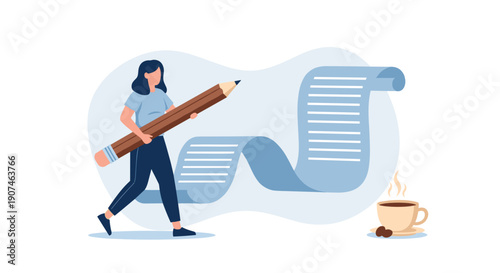 Creative woman writing a long document with a giant pencil near a coffee cup symbolizing productivity and idea generation