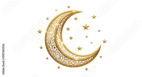 Golden crescent moon with stars isolated on transparent background