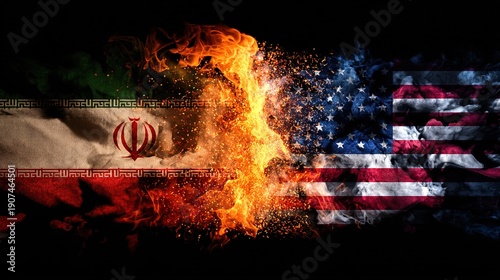 Flags of Iran and USA. Crack between state symbols. Concept of political conflict with USA. Severance of relations with Iran. Patriotic banners of USA and Iran. Diplomatic relations