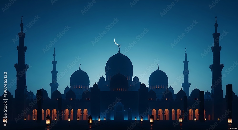 Obraz premium Ethereal blue twilight descends upon a magnificent mosque, its domes and minarets silhouetted against a sky with a glowing crescent, a concept of peaceful reflection