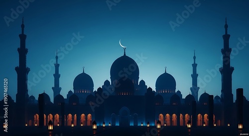Ethereal blue twilight descends upon a magnificent mosque, its domes and minarets silhouetted against a sky with a glowing crescent, a concept of peaceful reflection