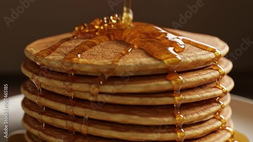 A stack of pancakes on a white plate, topped with syrup being poured over them, against a dark background. Perfect for breakfast, food blogs, and recipe websites.