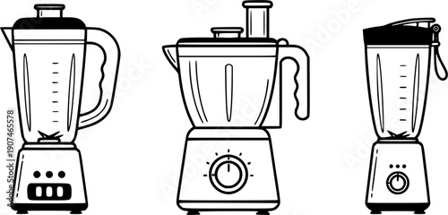 Kitchen blender icon set featuring modern electric food processor appliances in line art style for healthy smoothie preparation and cooking equipment design