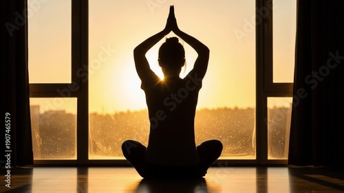 A silhouette of a woman practicing yoga with hands in prayer pose in front of a large window at sunset. Perfect for wellness, meditation, and yoga classes.