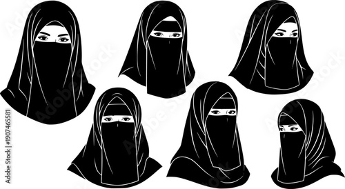 
Muslim woman wearing black niqab and hijab portrait set vector illustration depicting traditional Islamic modest dress for middle eastern culture and religion.