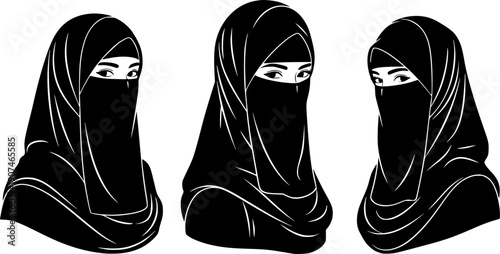 
Muslim woman wearing black niqab and hijab portrait set vector illustration depicting traditional Islamic modest dress for middle eastern culture and religion.