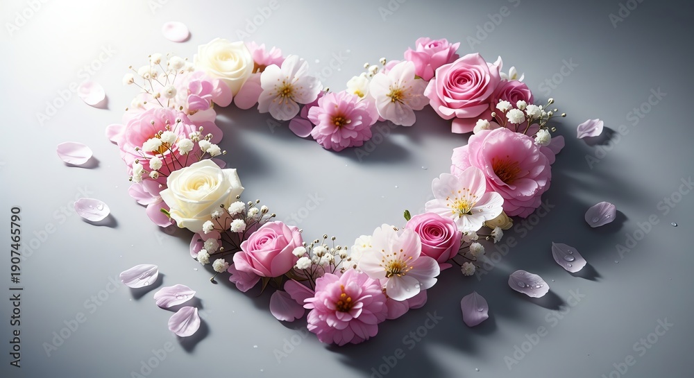 Obraz premium Floral heart shape arrangement on gray surface