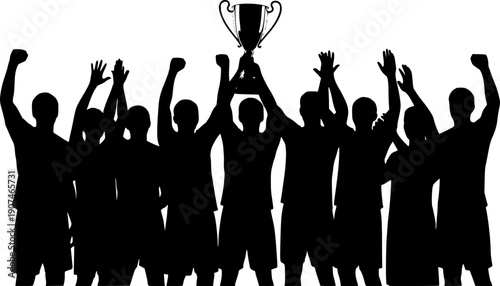 Black silhouette of a championship sports team celebrating victory holding a trophy cup high with raised arms for success achievement and teamwork.
