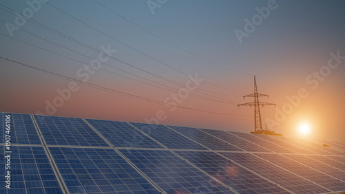 Solar panels producing renewable energy at sunset with power transmission lines and warm sky.