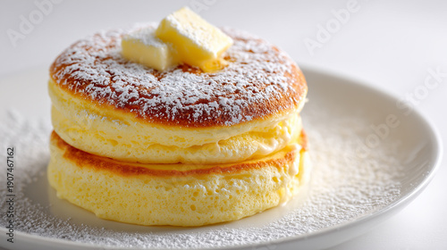 白皿に重なったふわふわのスフレパンケーキととろけるバターに粉糖をかけたスイーツイメージ