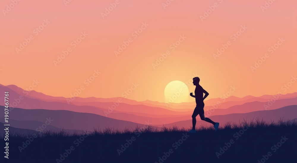 Fototapeta premium Silhouette of a man running in the mountains at sunset