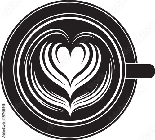 Top View of a Cup of Coffee with Beautiful Heart Shaped Latte Art Black and White Outline Line Art Drawing monochrome latte art coffee cup illustration with a heart rosetta design top-down 
