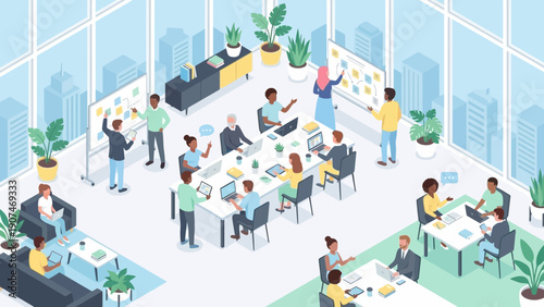 Modern Corporate Office with Team Collaboration and Technology