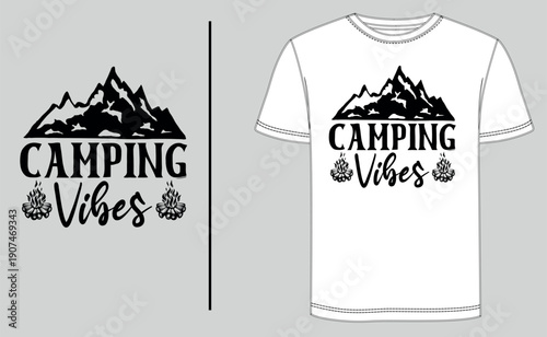 Vintage camping t-shirt design vector featuring mountain wilderness and outdoor adventure typography. Isolated on a professional t-shirt template for apparel mockup, branding, and summer camp gear.
