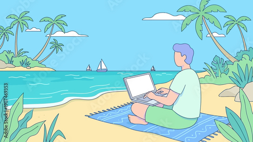 Relaxing Beach Scene with Person Using Laptop Under Palm Trees