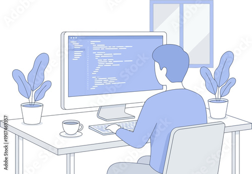 Modern programmer working at computer desk with coding background