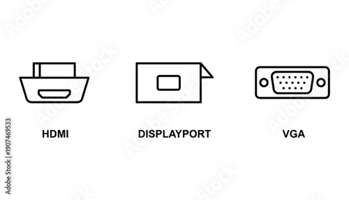 Illustration of hdmi displayport and vga connection ports for displaying media information