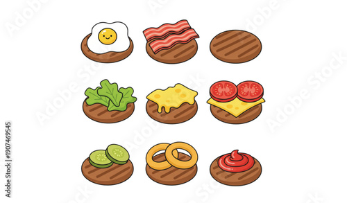 Grilled Burger Patty Top View Icon Set with Toppings for International Hamburger Day Vector