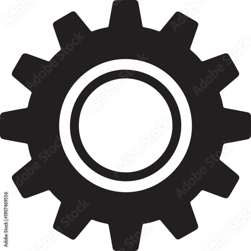 Isolated black gear with inner circle on a white background showcasing mechanical and industrial design Classic Gear Silhouette Icon For Machine Engineering Mechanical Tools Industrial Hardware Equip
