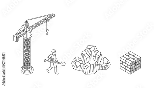 Isometric construction site with crane, worker, rocks and brick wall line art drawing