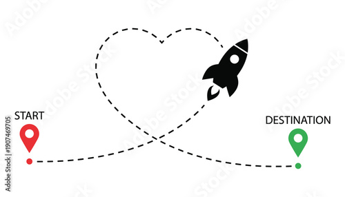 Journey of spaceship from start to destination through heart shaped line isolated on background