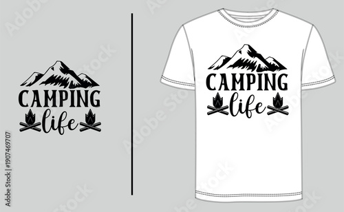 Vintage camping t-shirt design vector featuring mountain wilderness and outdoor adventure typography. Isolated on a professional t-shirt template for apparel mockup, branding, and summer camp gear.