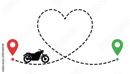 Motorcycle rides heart delivery vector design start location and destination concept