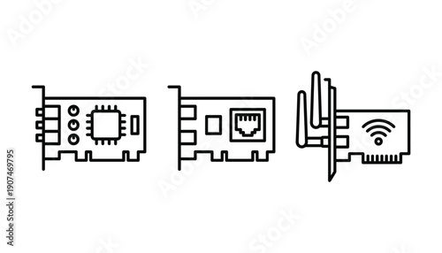 Network card for computer and pc outline style ethernet modem and wifi adapter vector set