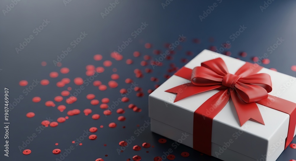 Obraz premium Gift box with red ribbon and scattered confetti
