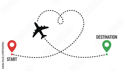 Plane flying along dotted heart path from start location to destination point pin